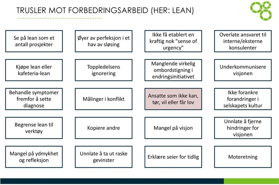 visjonen Behandle symptomer fremfor å sette diagnose Målinger i konflikt Ansatte som ikke kan, tør, vil eller får lov Ikke forankre forandringer i selskapets kultur Begrense lean