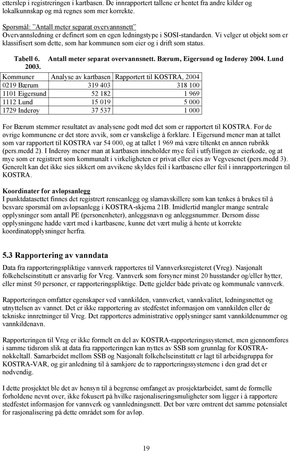 Vi velger ut objekt som er klassifisert som dette, som har kommunen som eier og i drift som status. Tabell 6. Antall meter separat overvannsnett. Bærum, Eigersund og Inderøy 2004. Lund 2003.