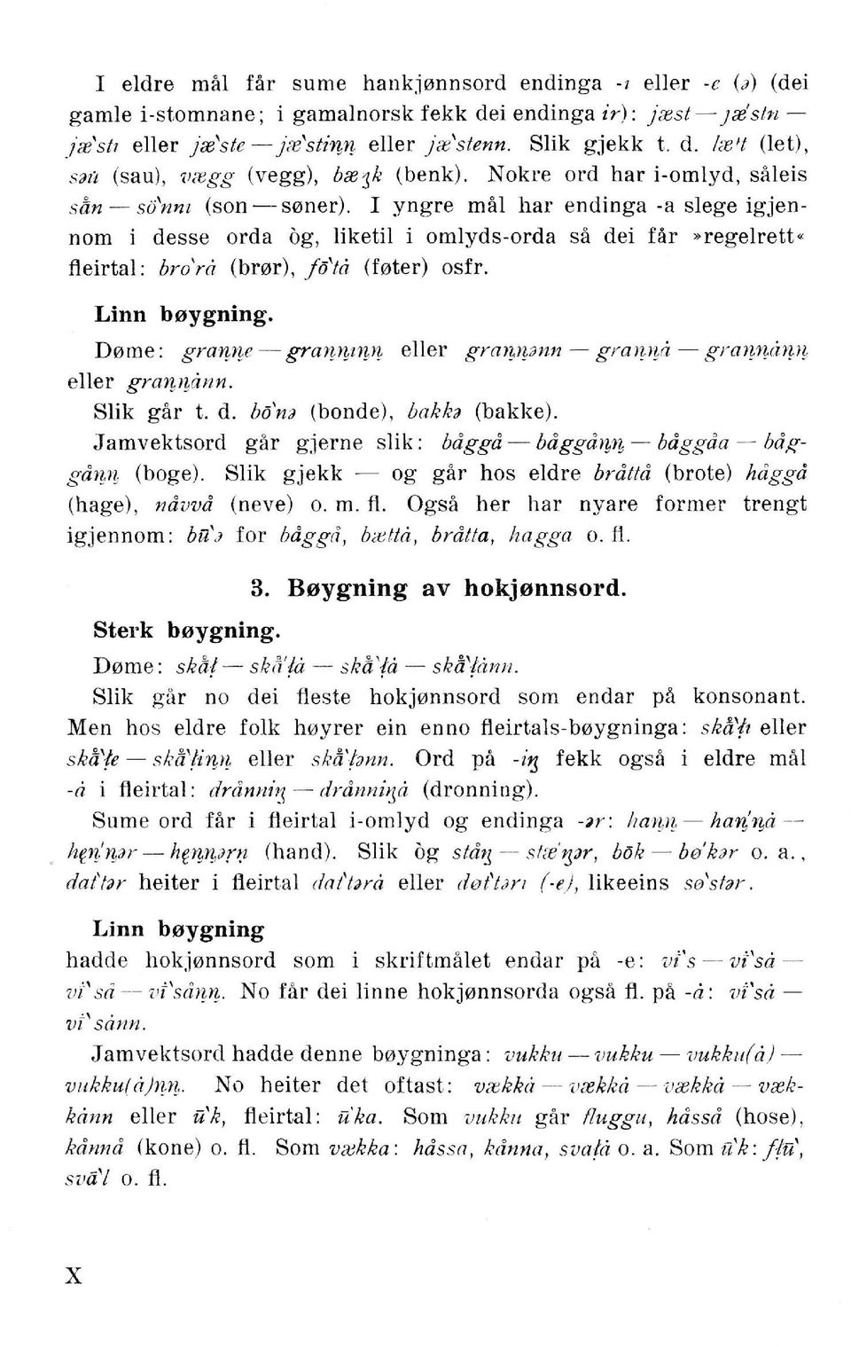 I yngre mal hal' endinga -a siege igjennom i desse orda og, liketil i omlyds-orda sa dei far»regelrett«fleirtal: bro'ni (br0r), fa'ta (f0ter) osfr. Linn b0ygning. D0me: gran11e - grmp?