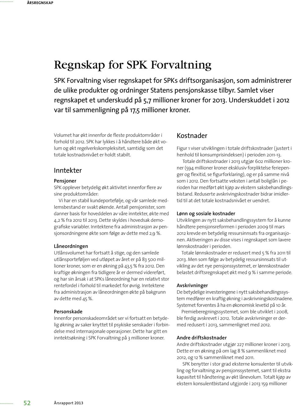 Volumet har økt innenfor de fleste produktområder i forhold til 2012. SPK har lykkes i å håndtere både økt volum og økt regelverkskompleksitet, samtidig som det totale kostnadsnivået er holdt stabilt.