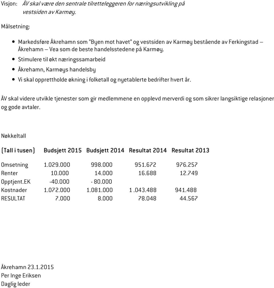 Stimulere til økt næringssamarbeid Åkrehamn, Karmøys handelsby Vi skal opprettholde økning i folketall og nyetablerte bedrifter hvert år.