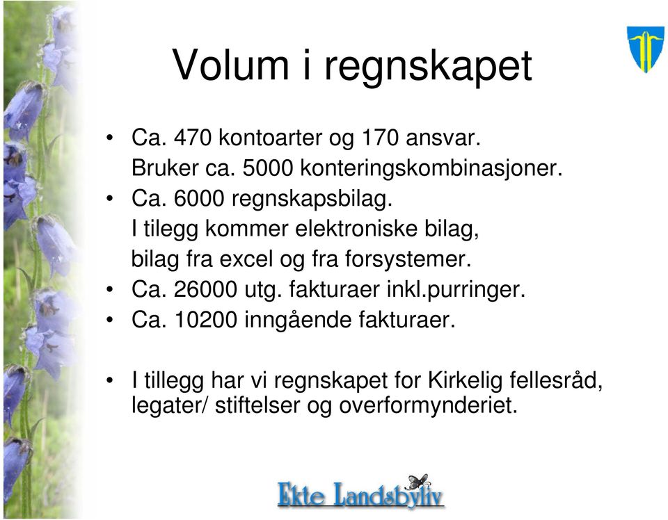 I tilegg kommer elektroniske bilag, bilag fra excel og fra forsystemer. Ca. 26000 utg.