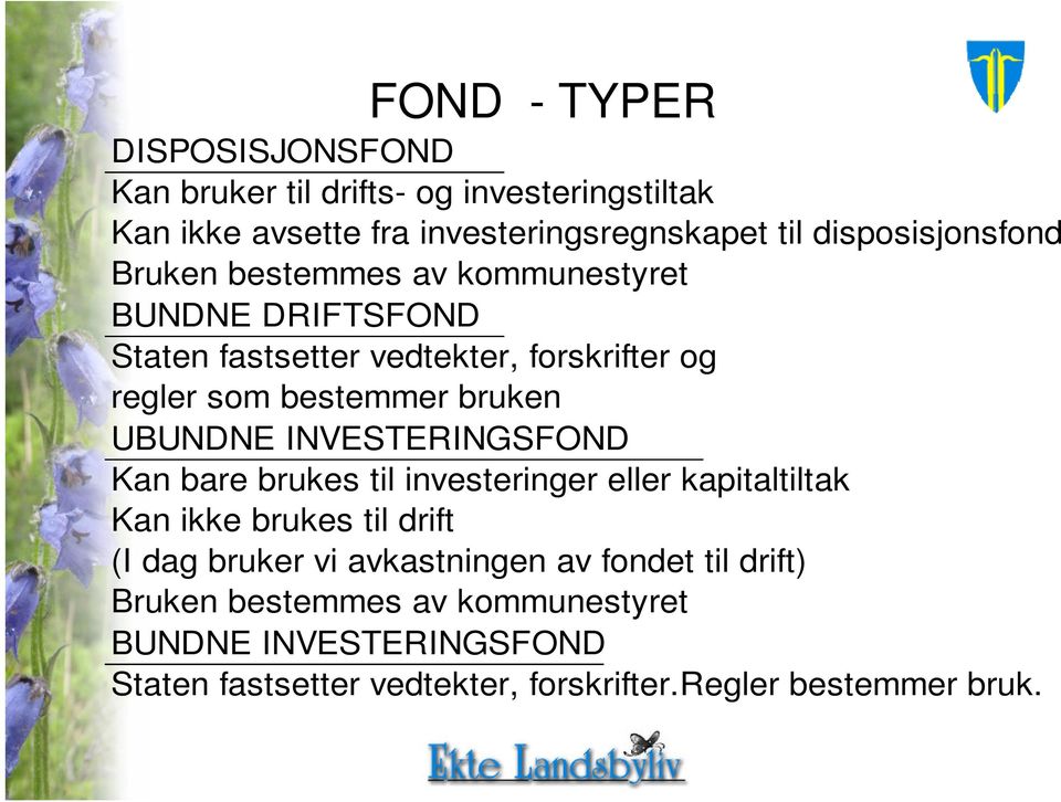 bruken UBUNDNE INVESTERINGSFOND Kan bare brukes til investeringer eller kapitaltiltak Kan ikke brukes til drift (I dag bruker vi