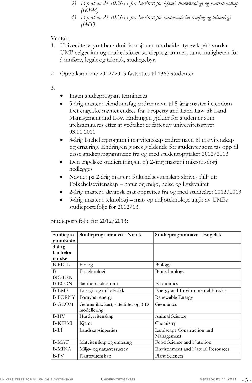 Opptaksramme 2012/2013 fastsettes til 1365 studenter 3. Ingen studieprogram termineres 5-årig master i eiendomsfag endrer navn til 5-årig master i eiendom.