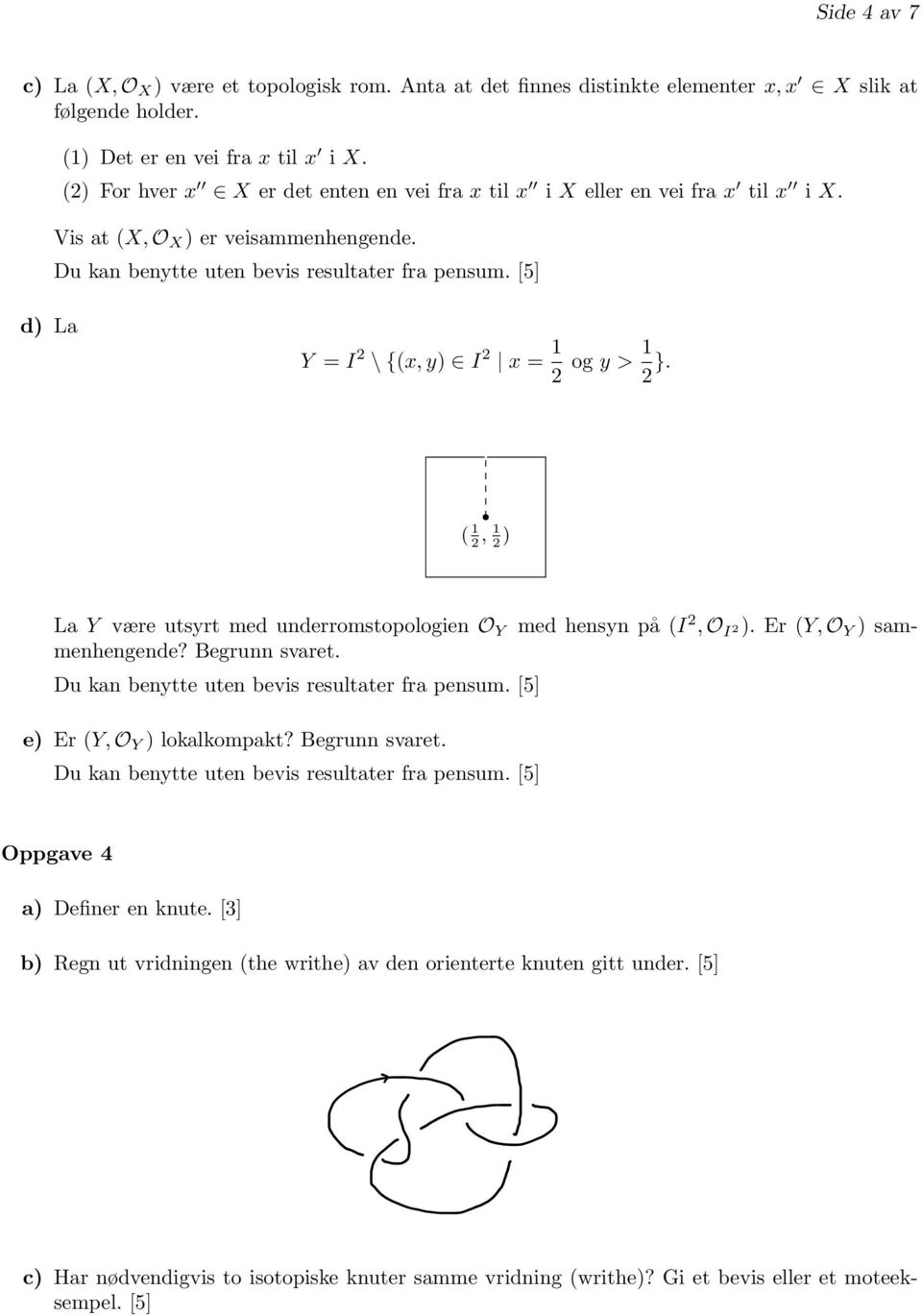 ( 1 2, 1 2 ) La Y være utsyrt med underromstopologien O Y med hensyn på (I 2, O I 2). Er (Y, O Y ) sammenhengende? Begrunn svaret. e) Er (Y, O Y ) lokalkompakt? Begrunn svaret. Oppgave 4 a) Definer en knute.