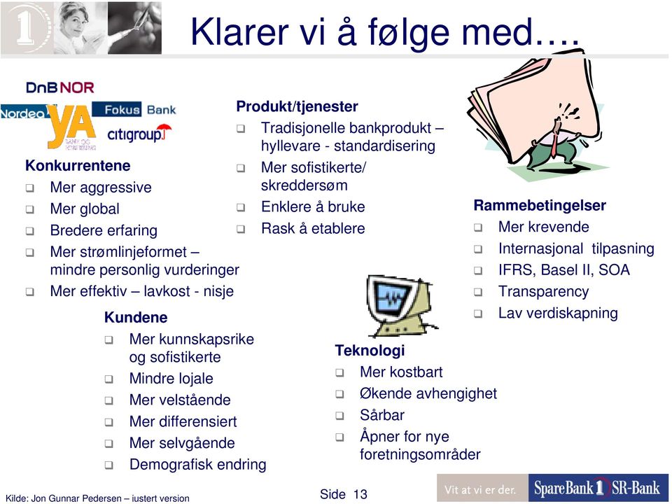 og sofistikerte Mindre lojale Mer velstående Mer differensiert Mer selvgående Demografisk endring Produkt/tjenester Tradisjonelle bankprodukt hyllevare -