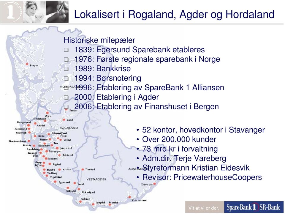 2000: Etablering i Agder 2006: Etablering av Finanshuset i Bergen 52 kontor, hovedkontor i Stavanger Over 200.