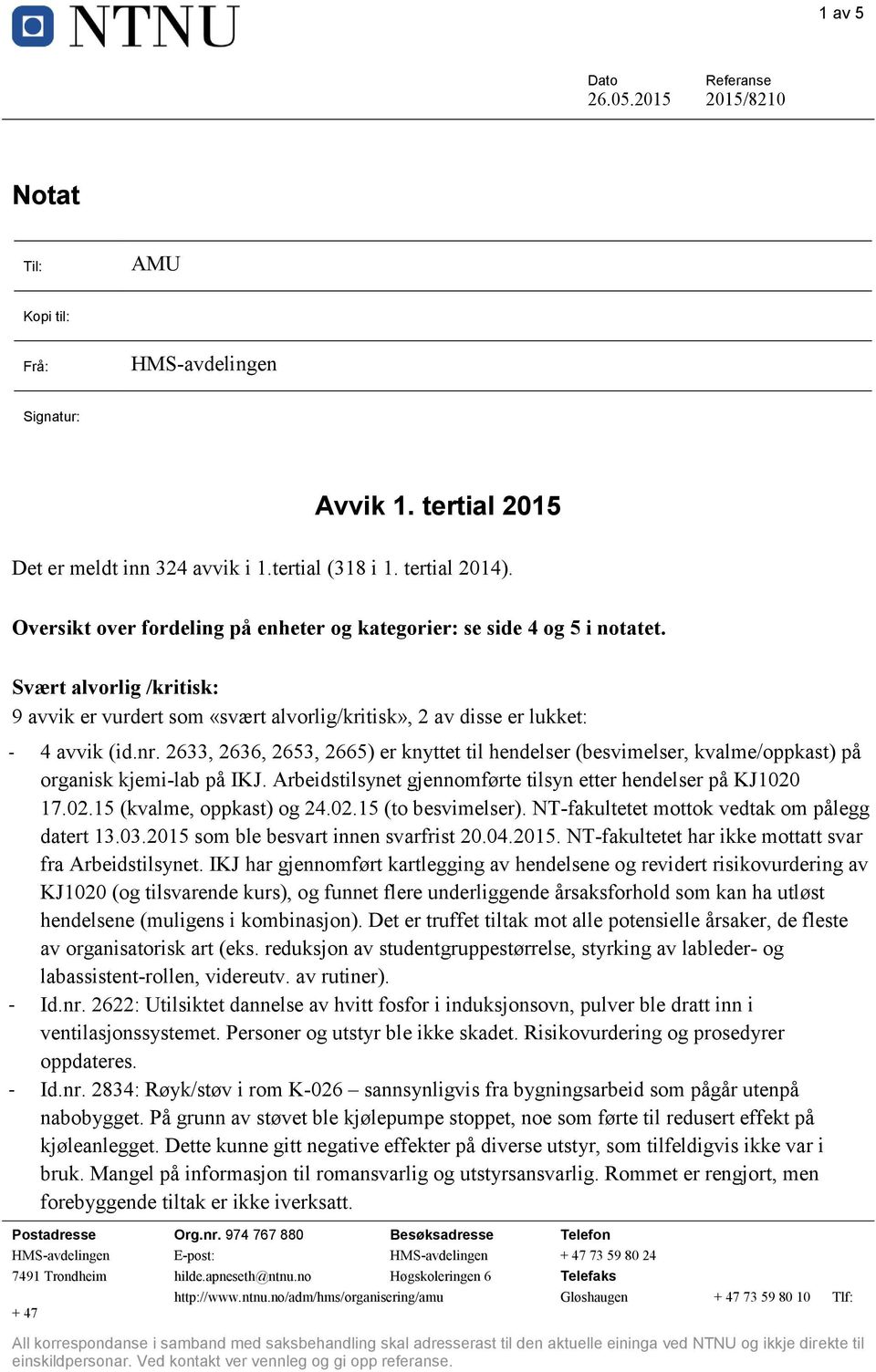 2633, 2636, 2653, 2665) er knyttet til hendelser (besvimelser, kvalme/oppkast) på organisk kjemi-lab på IKJ. Arbeidstilsynet gjennomførte tilsyn etter hendelser på KJ1020 17.02.15 (kvalme, oppkast) og 24.