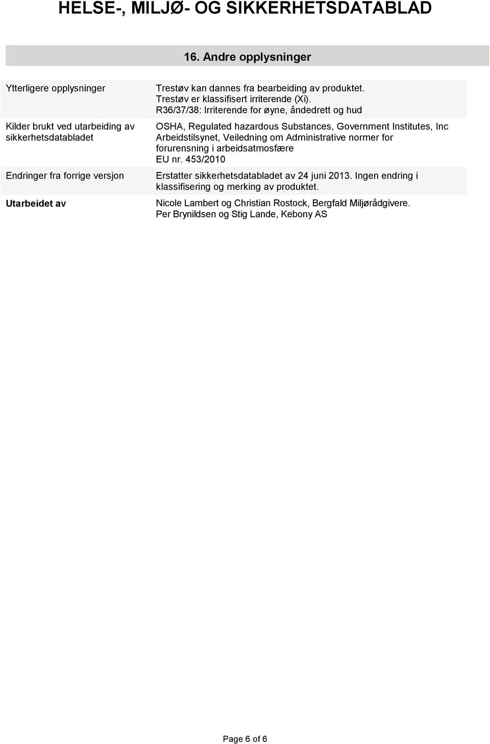 R36/37/38: Irriterende for øyne, åndedrett og hud OSHA, Regulated hazardous Substances, Government Institutes, Inc Arbeidstilsynet, Veiledning om Administrative normer