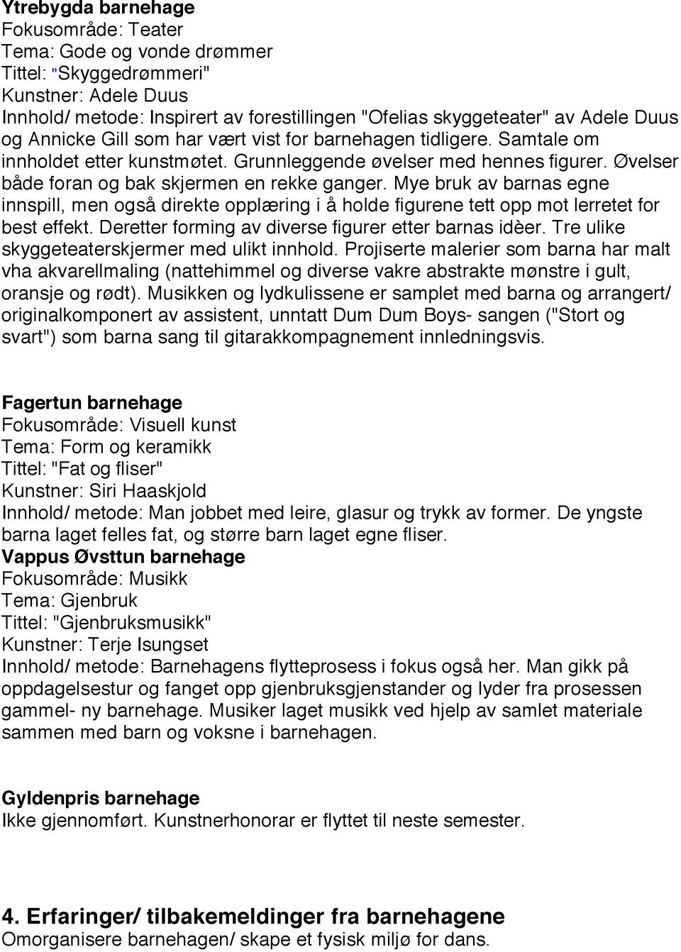 Mye bruk av barnas egne innspill, men også direkte opplæring i å holde figurene tett opp mot lerretet for best effekt. Deretter forming av diverse figurer etter barnas idèer.