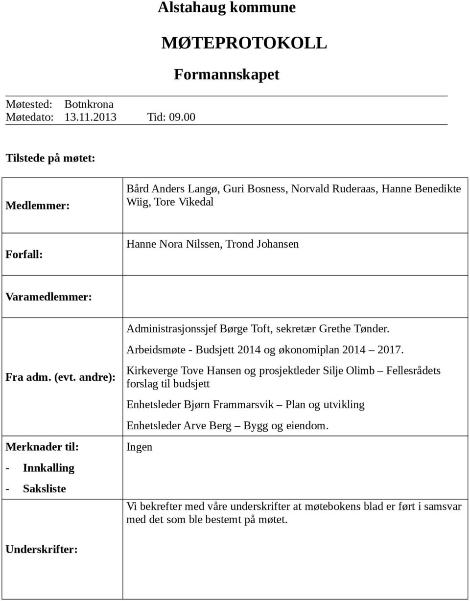 Nilssen, Trond Johansen Varamedlemmer: Fra adm. (evt. andre): Merknader til: - Innkalling - Saksliste Administrasjonssjef Børge Toft, sekretær Grethe Tønder.