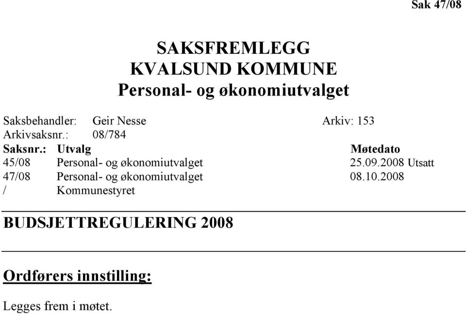 : Utvalg Møtedato 45/08 Personal- og økonomiutvalget 25.09.