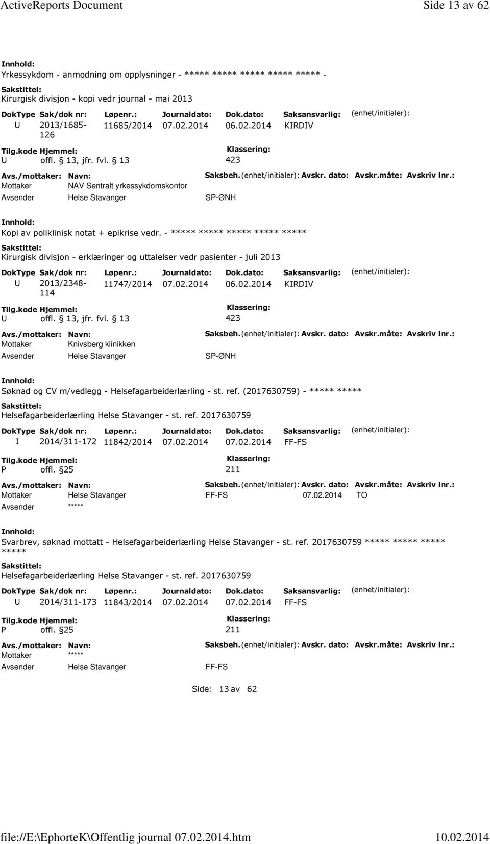 - Kirurgisk divisjon - erklæringer og uttalelser vedr pasienter - juli 2013 Sak/dok nr: 2013/2348-114 Løpenr.: 11747/2014 06.02.2014 KRDV Mottaker Knivsberg klinikken Helse Stavanger Saksbeh. Avskr.