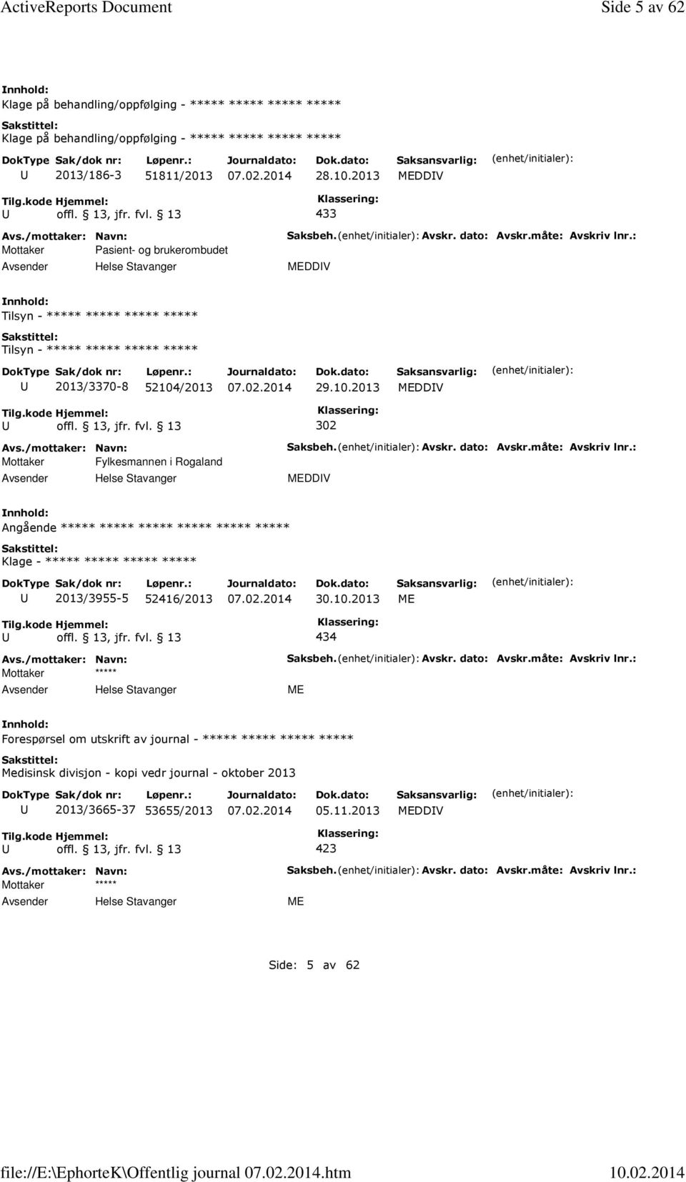 /2013 29.10.2013 MEDDV 302 Mottaker Fylkesmannen i Rogaland Helse Stavanger Saksbeh. Avskr. dato: Avskr.måte: Avskriv lnr.: MEDDV Angående Klage - 2013/3955-5 52416/2013 30.10.2013 ME 434 Mottaker Helse Stavanger Saksbeh.