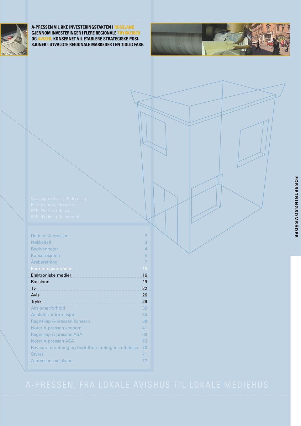 Nizhegorodskij Rabochij Petersburg Ekspress OGF Ekaterinburg OGF Nizhnij Novgorod Dette er A-pressen 2 Nøkkeltall 3 Begivenheter 4 Konsernsjefen 5 Årsberetning 7 Forretningsområder 15