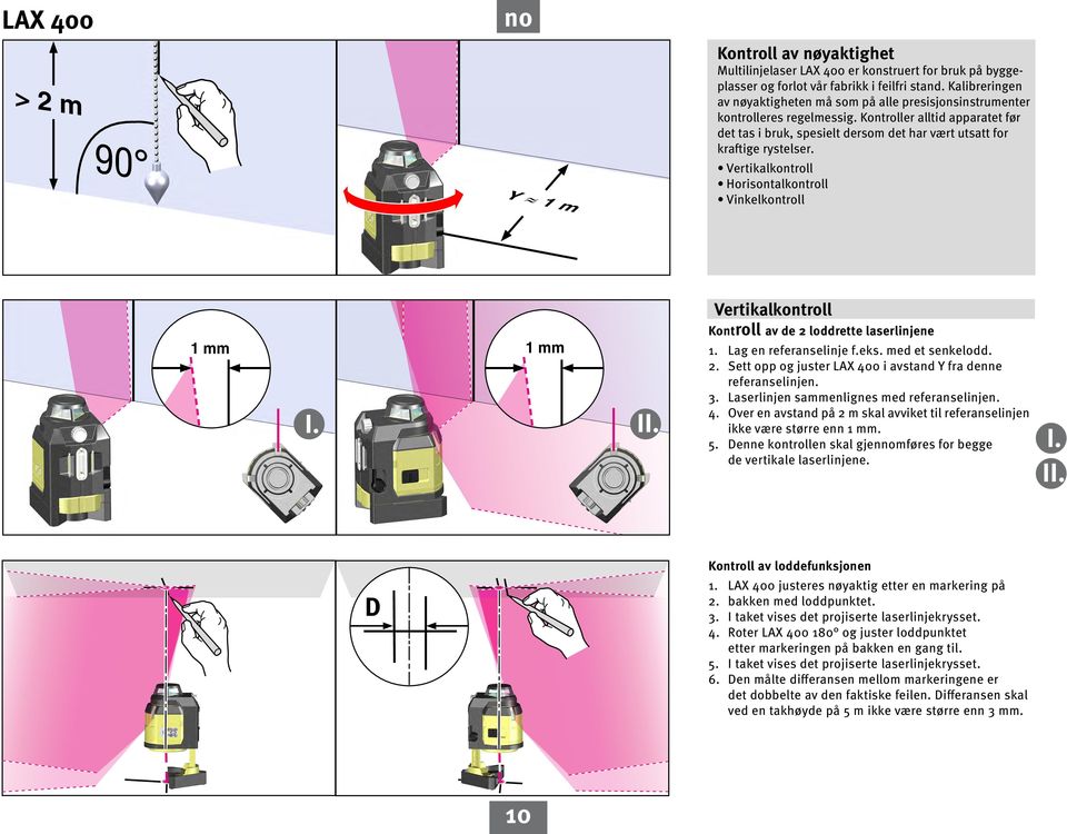 Kontroller alltid apparatet før det tas i bruk, spesielt dersom det har vært utsatt for kraftige rystelser. Vertikalkontroll Horisontalkontroll Vinkelkontroll 1 mm 1 mm I. II.