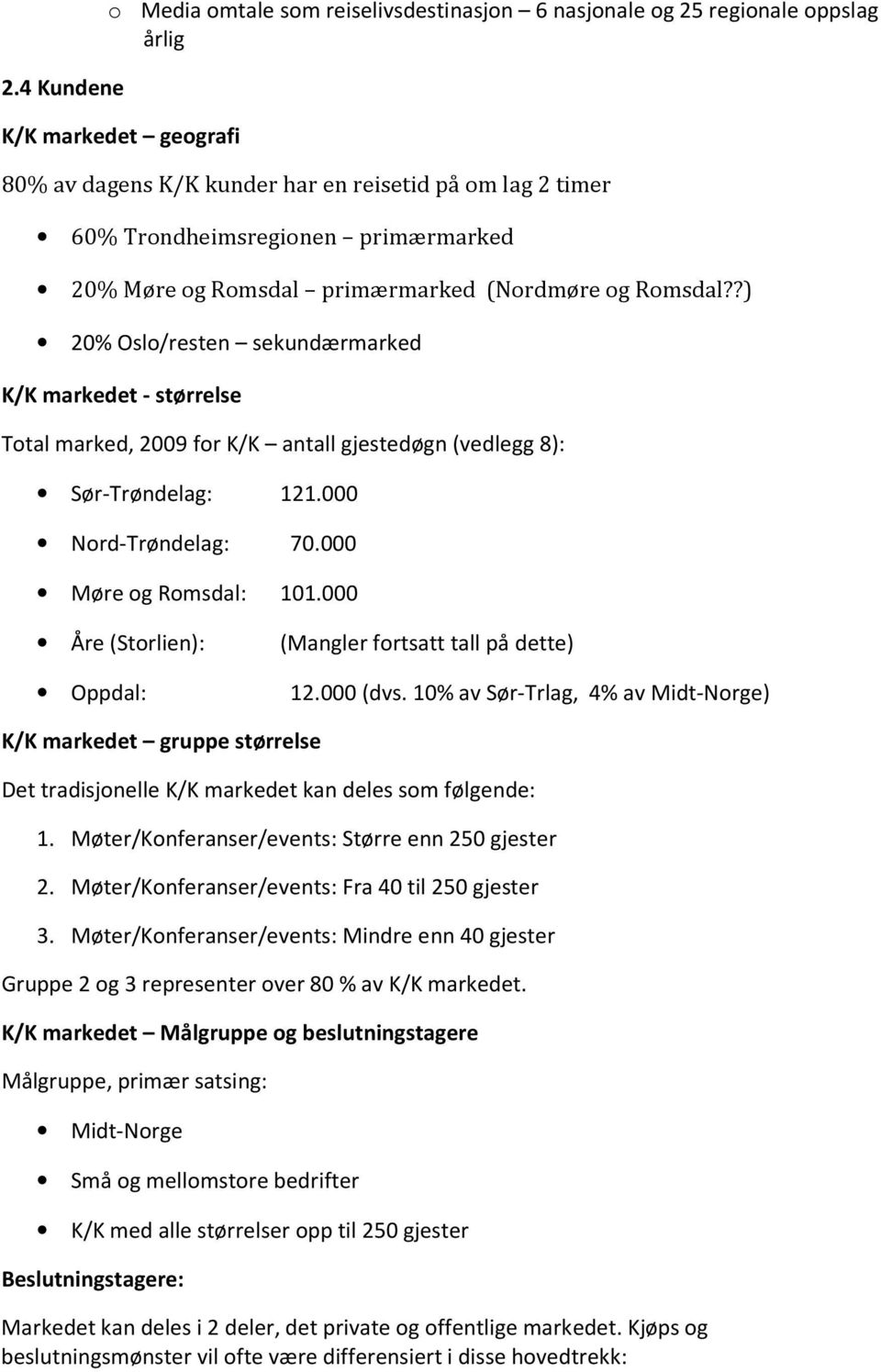 ?) 20% Oslo/resten sekundærmarked K/K markedet - størrelse Total marked, 2009 for K/K antall gjestedøgn (vedlegg 8): Sør-Trøndelag: 121.000 Nord-Trøndelag: 70.000 Møre og Romsdal: 101.