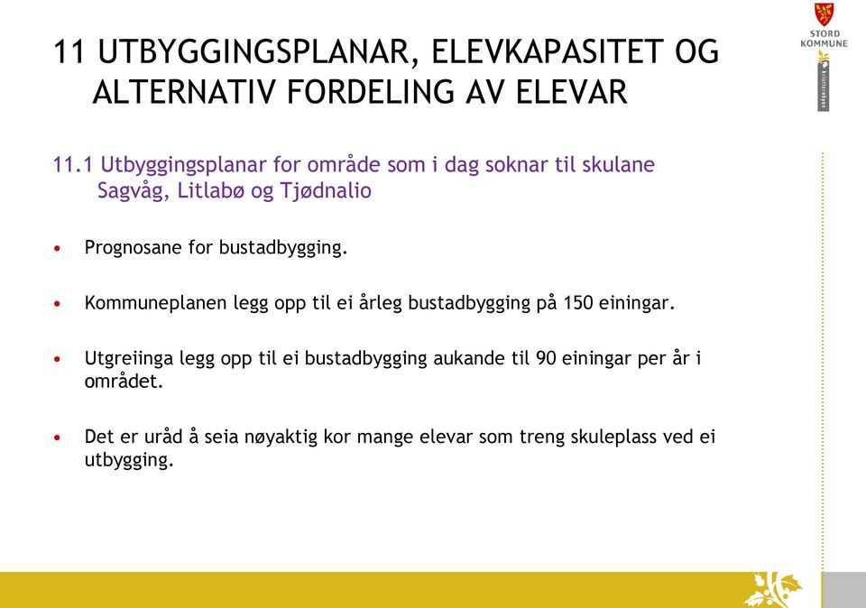 bustadbygging. Kommuneplanen legg opp til ei årleg bustadbygging på 150 einingar.