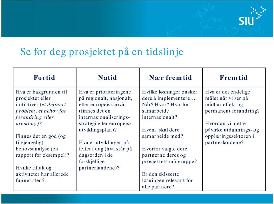 Hva er prioriteringene på regionalt, nasjonalt, eller europeisk nivå (finnes det en internasjonaliseringsstrategi eller europeisk utviklingsplan)?