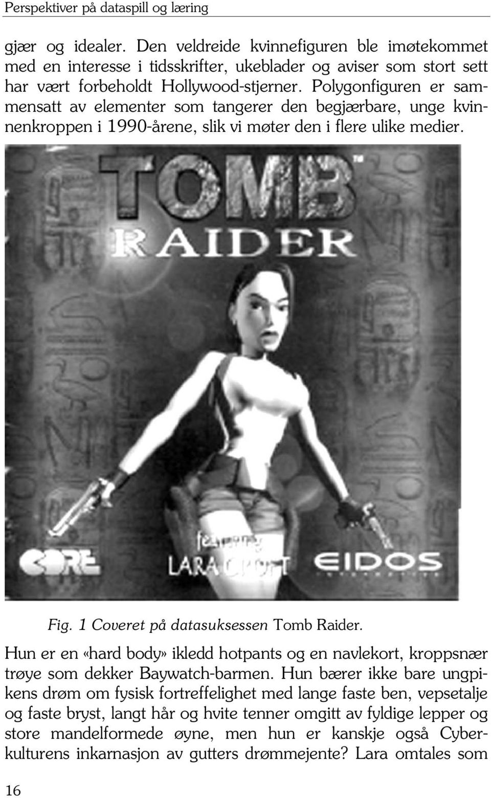 Polygonfiguren er sammensatt av elementer som tangerer den begjærbare, unge kvinnenkroppen i 1990-årene, slik vi møter den i flere ulike medier. 16 Fig. 1 Coveret på datasuksessen Tomb Raider.