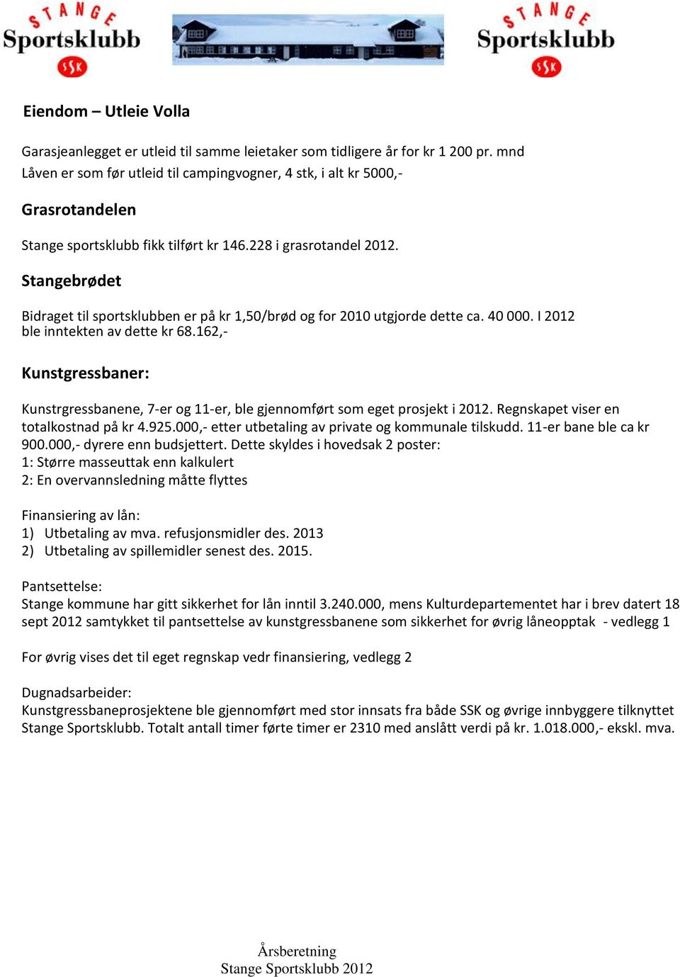 Stangebrødet Bidraget til sportsklubben er på kr 1,50/brød og for 2010 utgjorde dette ca. 40 000. I 2012 ble inntekten av dette kr 68.