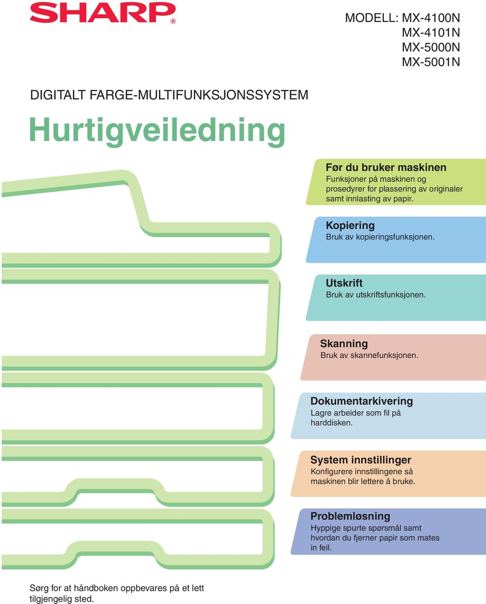 Skanning Bruk av skannefunksjonen. Dokumentarkivering Lagre arbeider som fil på harddisken.