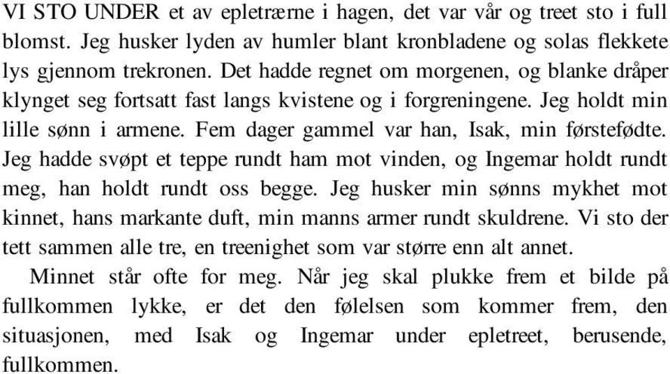 Jeg hadde svøpt et teppe rundt ham mot vinden, og Ingemar holdt rundt meg, han holdt rundt oss begge. Jeg husker min sønns mykhet mot kinnet, hans markante duft, min manns armer rundt skuldrene.