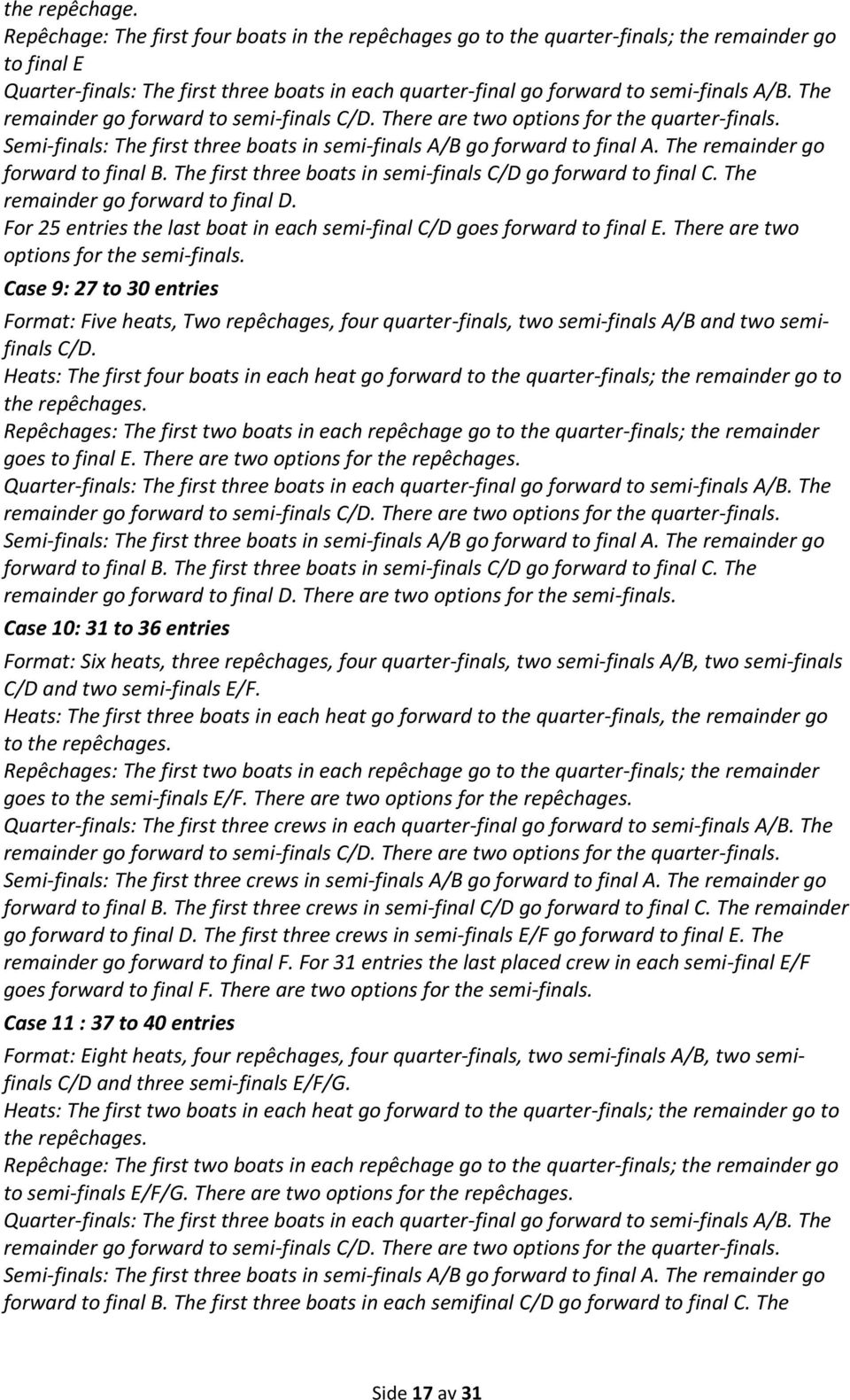 The remainder go forward to semi-finals C/D. There are two options for the quarter-finals. Semi-finals: The first three boats in semi-finals A/B go forward to final A.