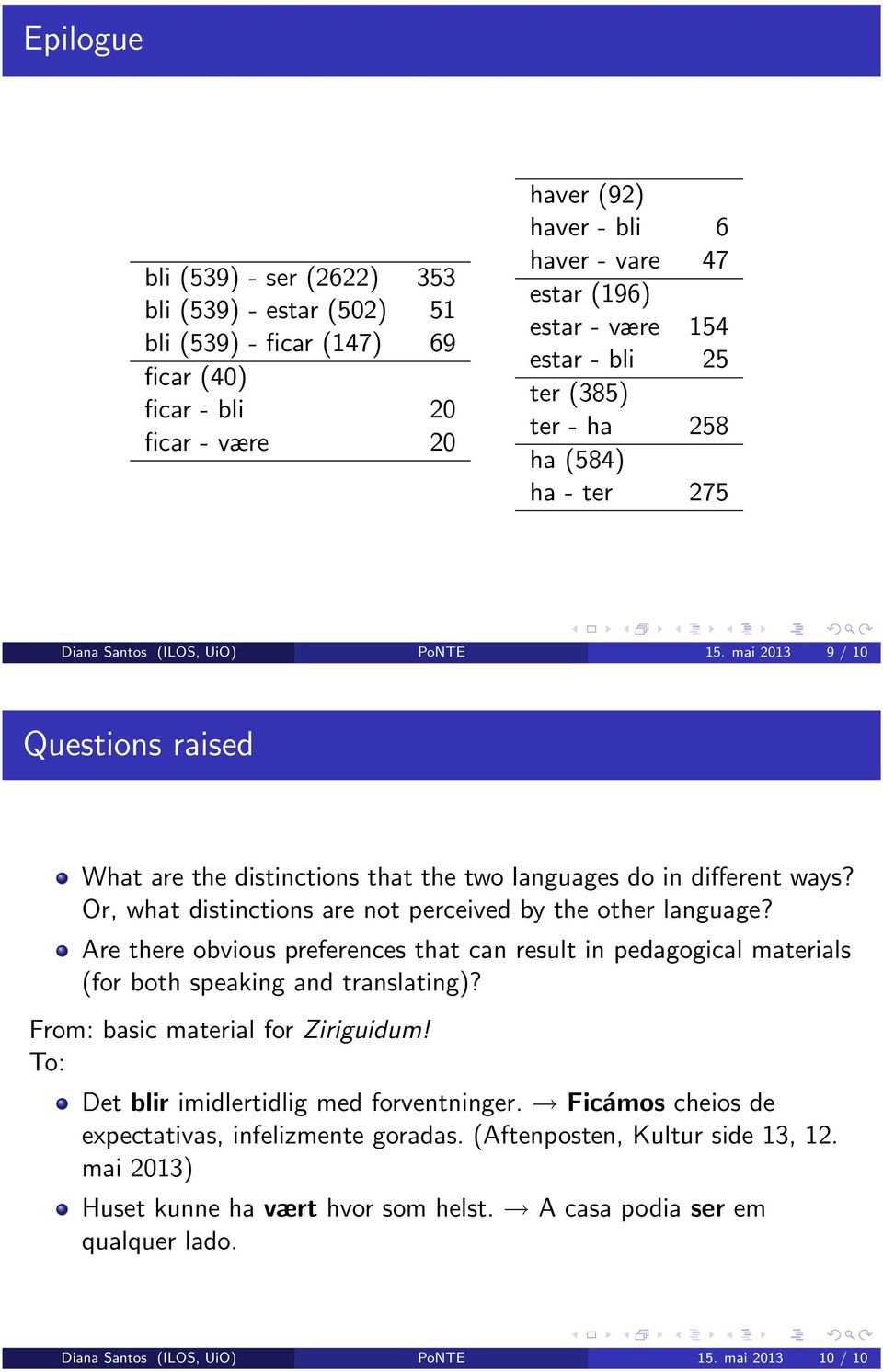 mai 2013 9 / 10 Questions raised What are the distinctions that the two languages do in different ways? Or, what distinctions are not perceived by the other language?