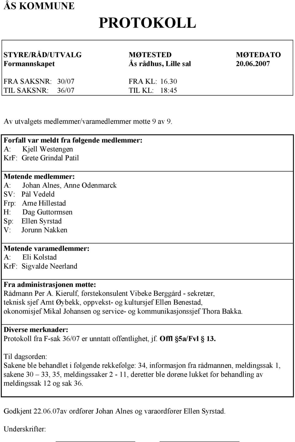 Forfall var meldt fra følgende medlemmer: A: Kjell Westengen KrF: Grete Grindal Patil Møtende medlemmer: A: Johan Alnes, Anne Odenmarck SV: Pål Vedeld Frp: Arne Hillestad H: Dag Guttormsen Sp: Ellen