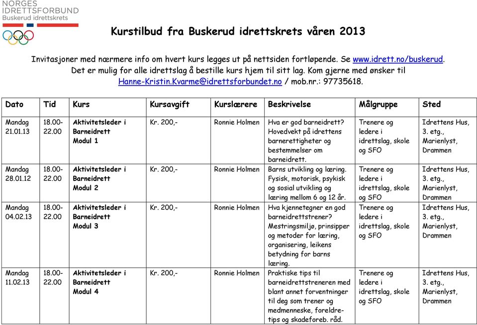 Dato Tid Kurs Kursavgift Kurslærere Beskrivelse Målgruppe Sted 21.01.13 Modul 1 Kr. 200,- Ronnie Holmen Hva er god barneidrett? Hovedvekt på idrettens barnerettigheter og bestemmelser om barneidrett.