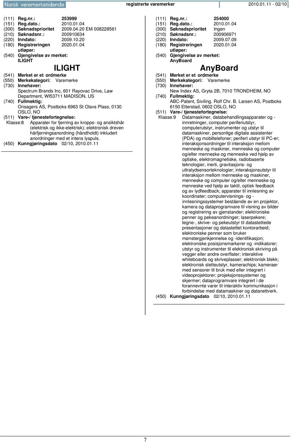 ansiktshår (elektrisk og ikke-elektrisk); elektronisk dreven hårfjerningsanordning (håndholdt) inkludert anordninger med et intens lyspuls. (111) Reg.nr.: 254000 (151) Reg.dato.: 2010