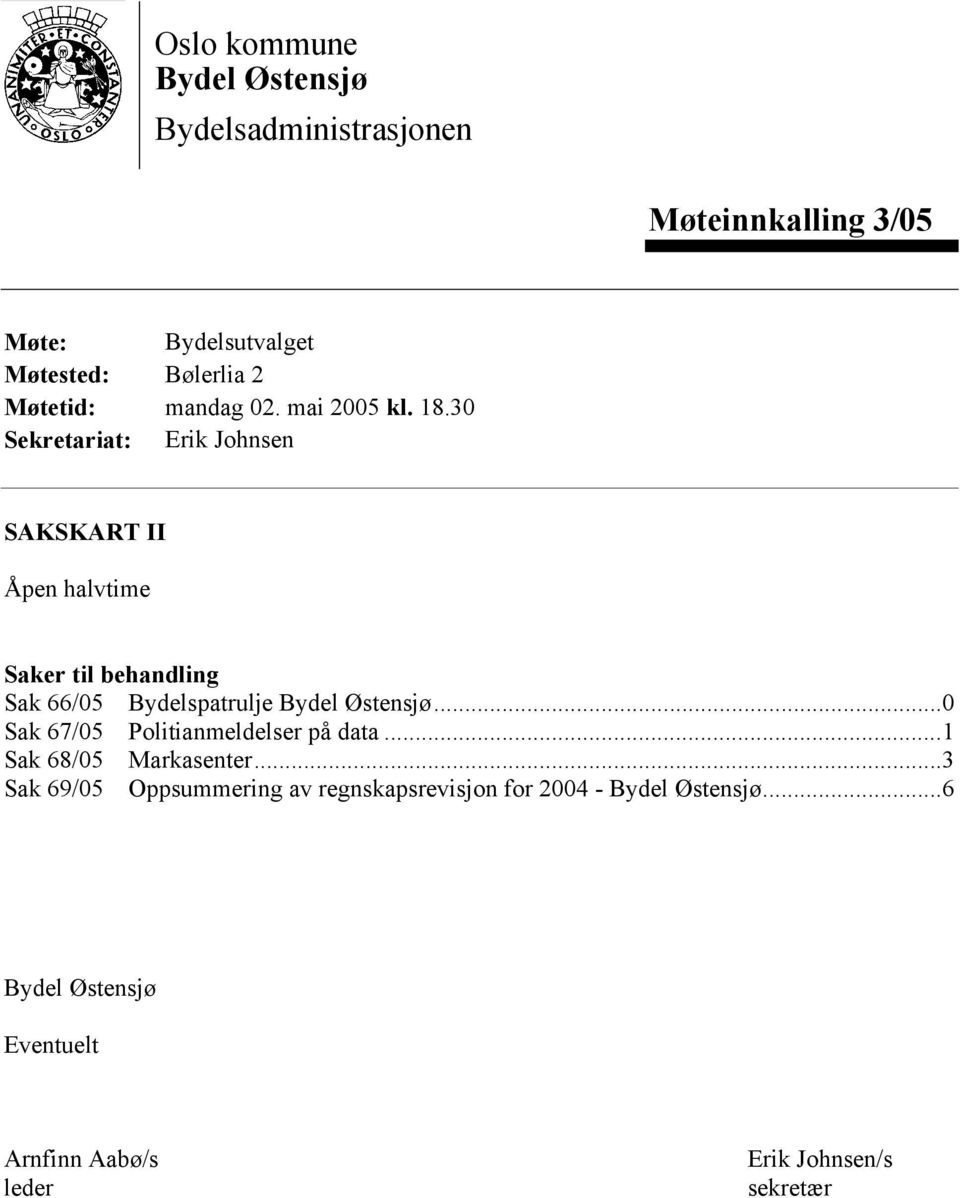 30 Sekretariat: Erik Johnsen SAKSKART II Åpen halvtime Saker til behandling Sak 66/05 Bydelspatrulje Bydel Østensjø.