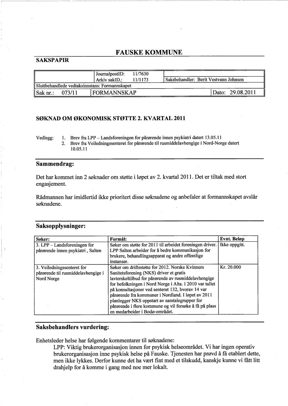 Brev fra Veiledningssenteret for pårørende til rusmiddelavhengige i Nord-Norge datert 10.05.11 Det har kommet inn 2 søknader om støtte i løpet av 2. kvaral 2011. Det er tiltak med stort engasj ement.