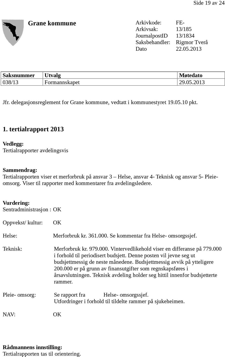 .05.10 pkt. 1. tertialrapport 2013 Vedlegg: Tertialrapporter avdelingsvis Sammendrag: Tertialrapporten viser et merforbruk på ansvar 3 Helse, ansvar 4- Teknisk og ansvar 5- Pleieomsorg.