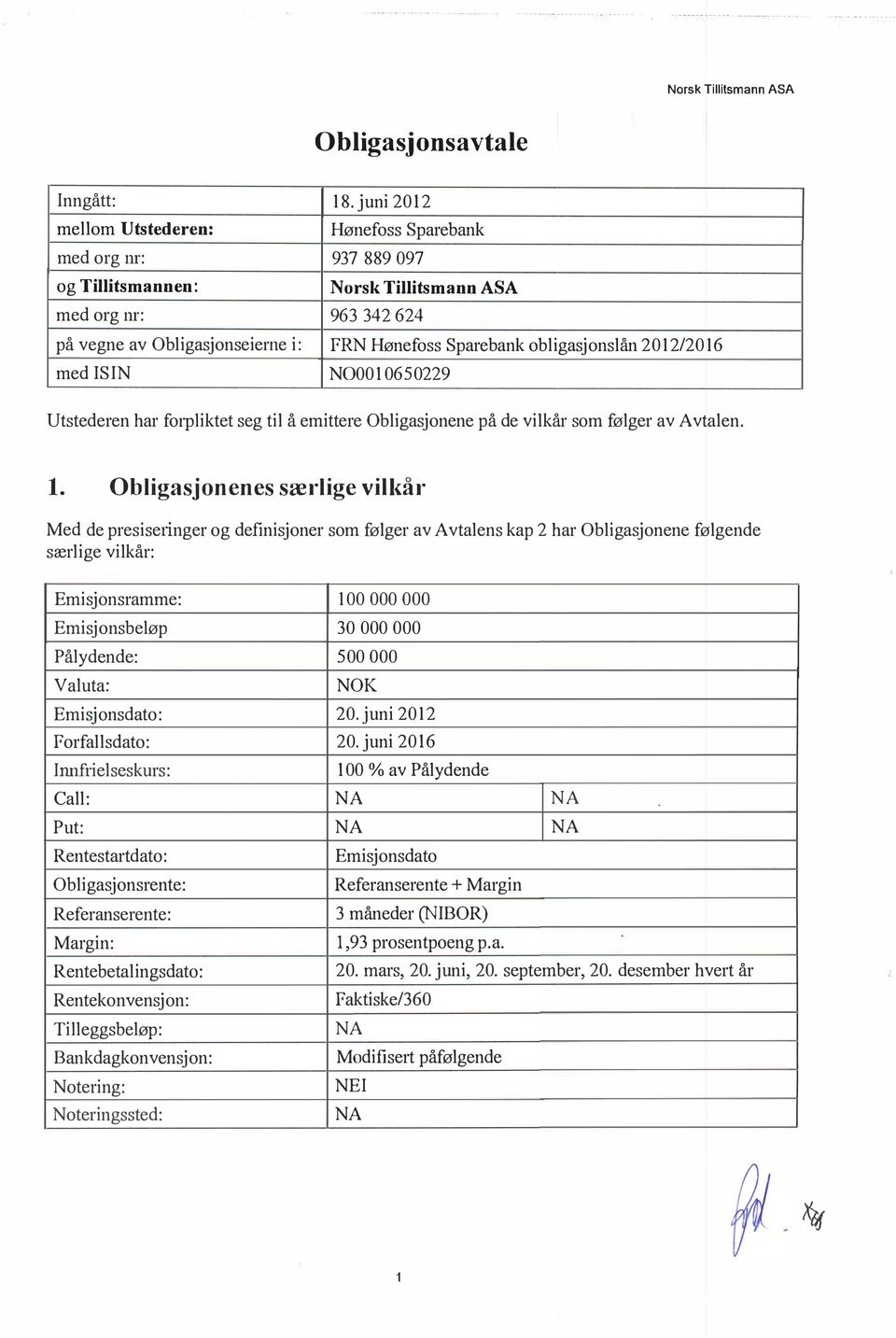 2012/2016 med ISIN N0001 0650229 Utstederen har forpiktet seg ti å emittere Obigasjonene på de vikår som føger av Avtaen.