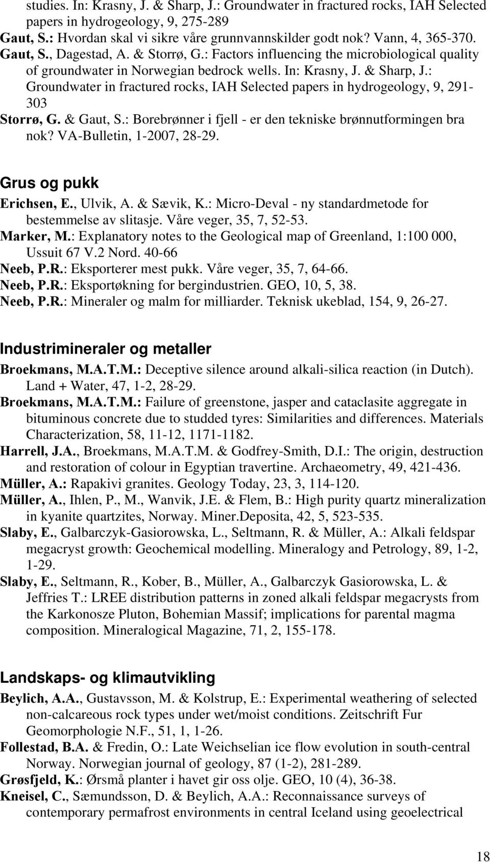 : Groundwater in fractured rocks, IAH Selected papers in hydrogeology, 9, 291-303 Storrø, G. & Gaut, S.: Borebrønner i fjell - er den tekniske brønnutformingen bra nok? VA-Bulletin, 1-2007, 28-29.