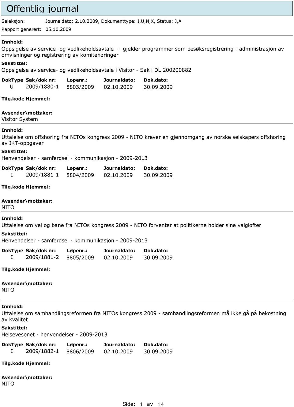 2009 Oppsigelse av service- og vedlikeholdsavtale - gjelder programmer som besøksregistrering - administrasjon av omvisninger og registrering av komitehøringer Oppsigelse av service- og