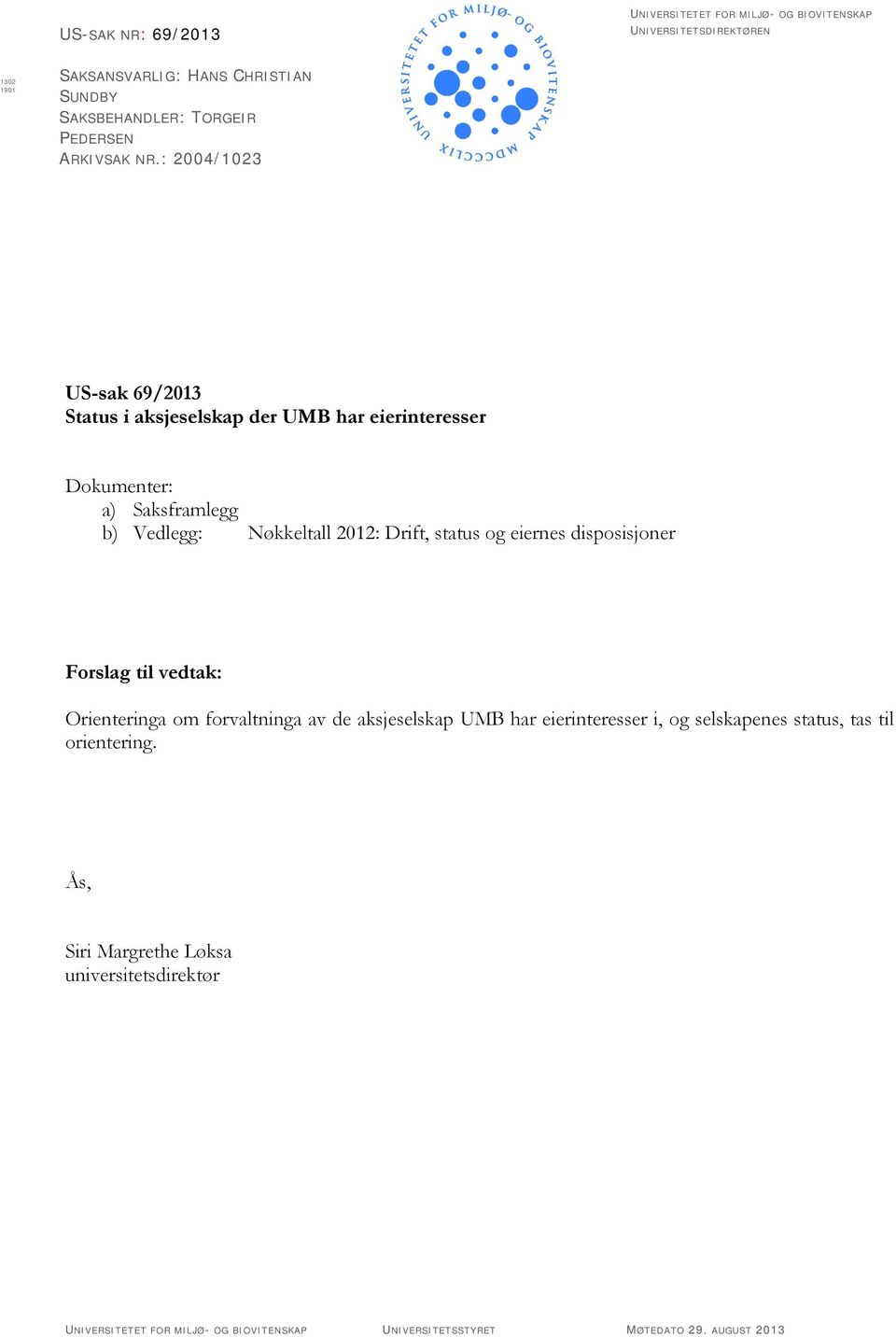 : 2004/1023 US-sak 69/2013 Status i aksjeselskap der UMB har eierinteresser Dokumenter: a) Saksframlegg b) Vedlegg: Nøkkeltall 2012: