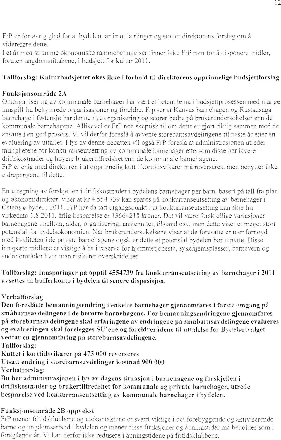 Tallforslag: Kulturbudsjettet økes ikke i forhold til direktørens opprinnelige budsjettforslag Funksjonsområde 2A Omorganisering av kommunale barnehager har vært et betent tema i budsjettprosessen