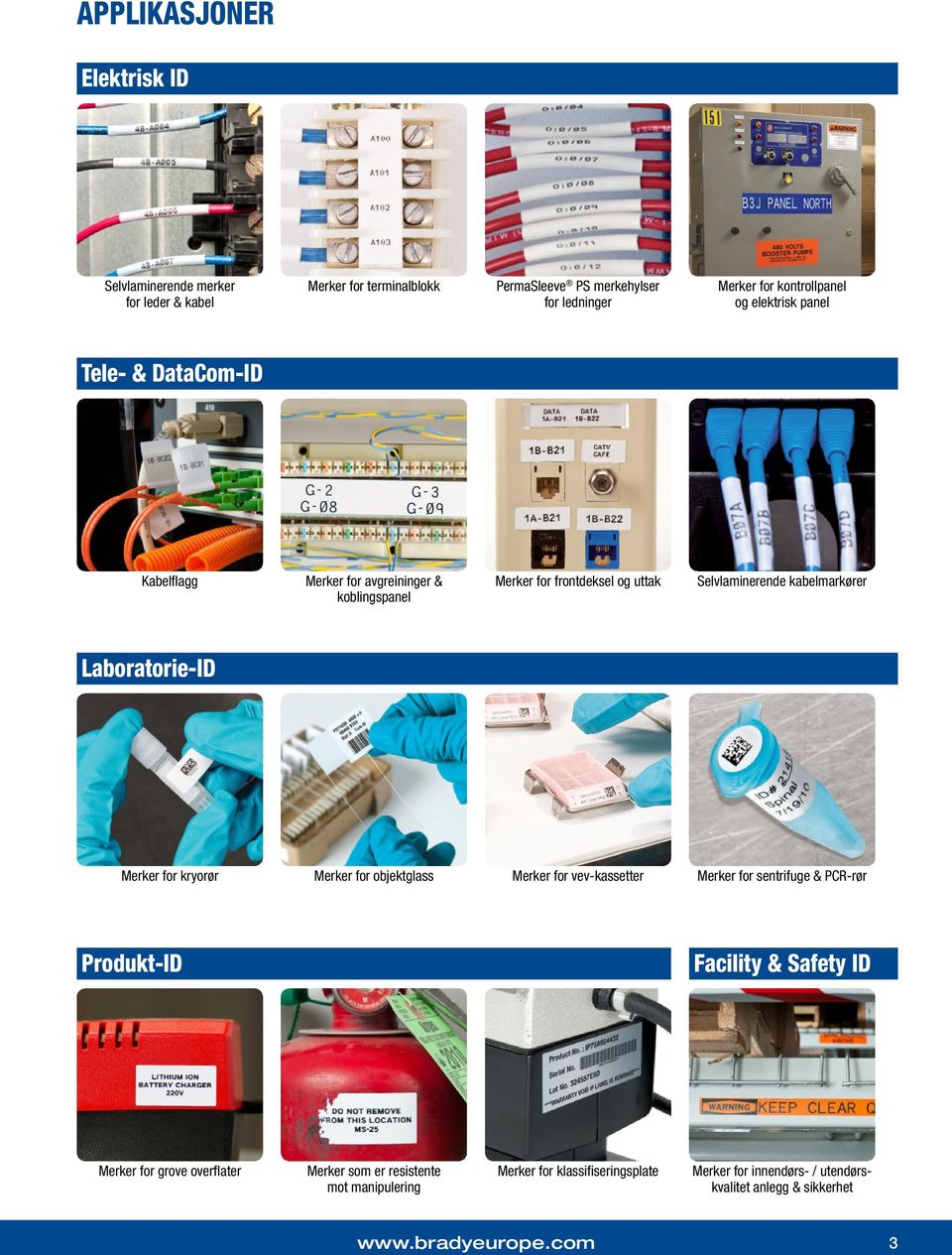 Laboratorie-ID Merker for kryorør Merker for objektglass Merker for vev-kassetter Merker for sentrifuge & PCR-rør Produkt-ID Facility & Safety ID Merker for