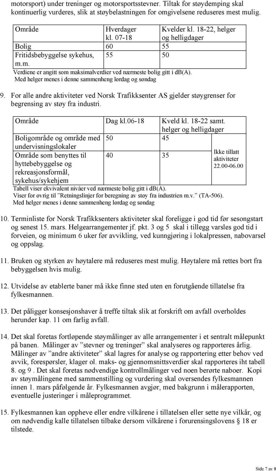 Med helger menes i denne sammenheng lørdag og søndag 9. For alle andre aktiviteter ved Norsk Trafikksenter AS gjelder støygrenser for begrensing av støy fra industri. Område Dag kl.06-18 Kveld kl.