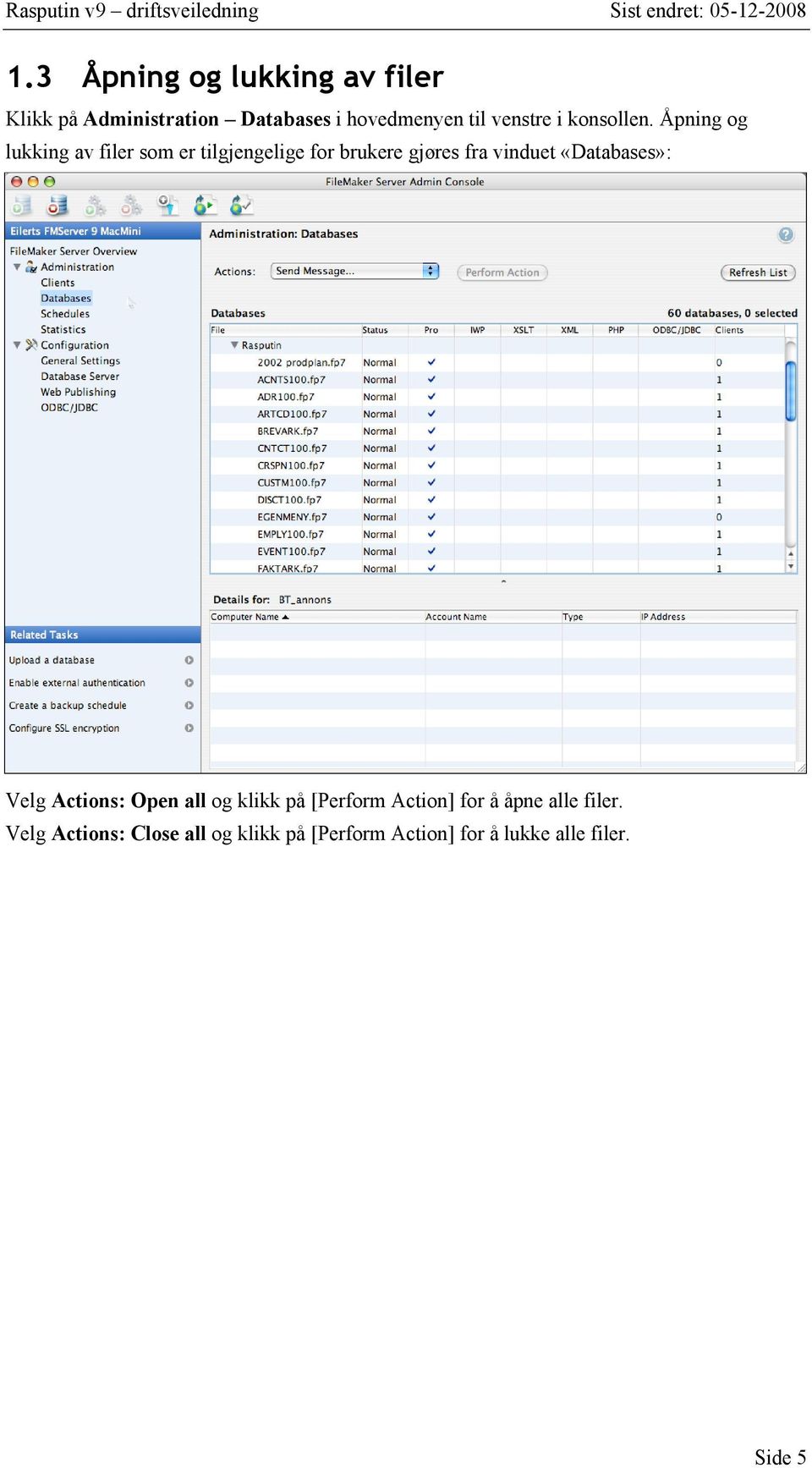 Åpning og lukking av filer som er tilgjengelige for brukere gjøres fra vinduet «Databases»: Velg