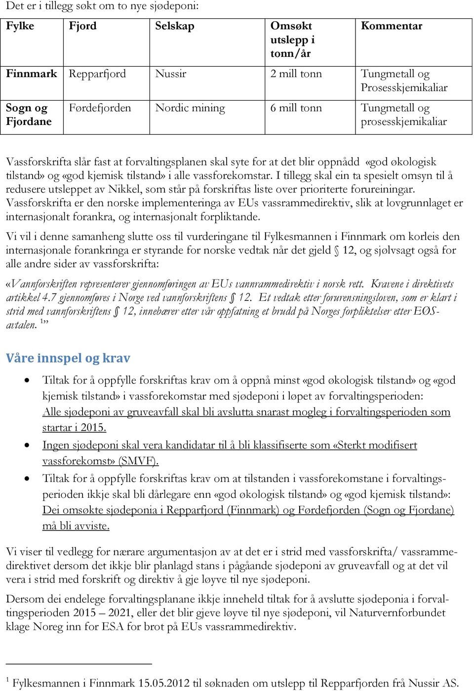 tilstand» i alle vassforekomstar. I tillegg skal ein ta spesielt omsyn til å redusere utsleppet av Nikkel, som står på forskriftas liste over prioriterte forureiningar.