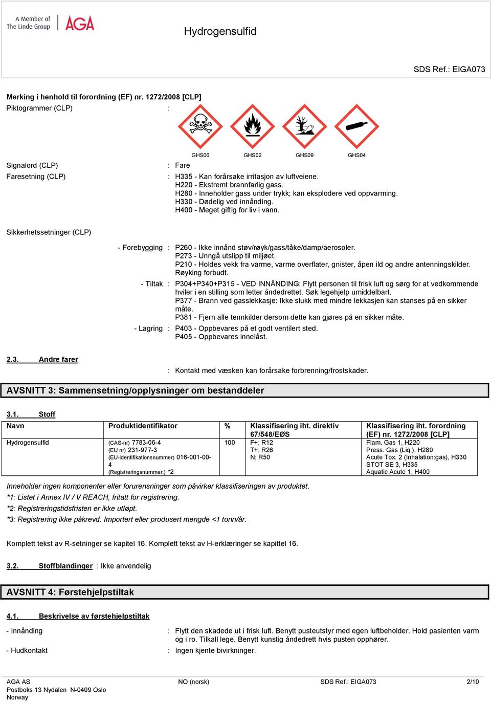 Sikkerhetssetninger (CLP) - Forebygging : P260 - Ikke innånd støv/røyk/gass/tåke/damp/aerosoler. P273 - Unngå utslipp til miljøet.