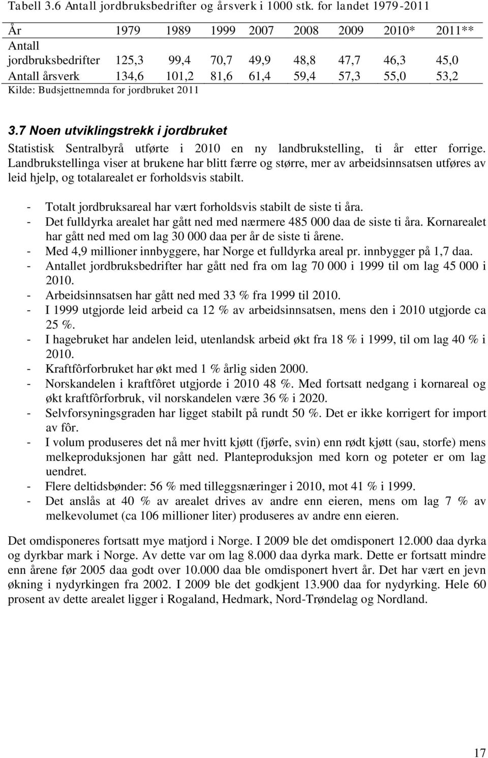 Budsjettnemnda for jordbruket 2011 3.7 Noen utviklingstrekk i jordbruket Statistisk Sentralbyrå utførte i 2010 en ny landbrukstelling, ti år etter forrige.