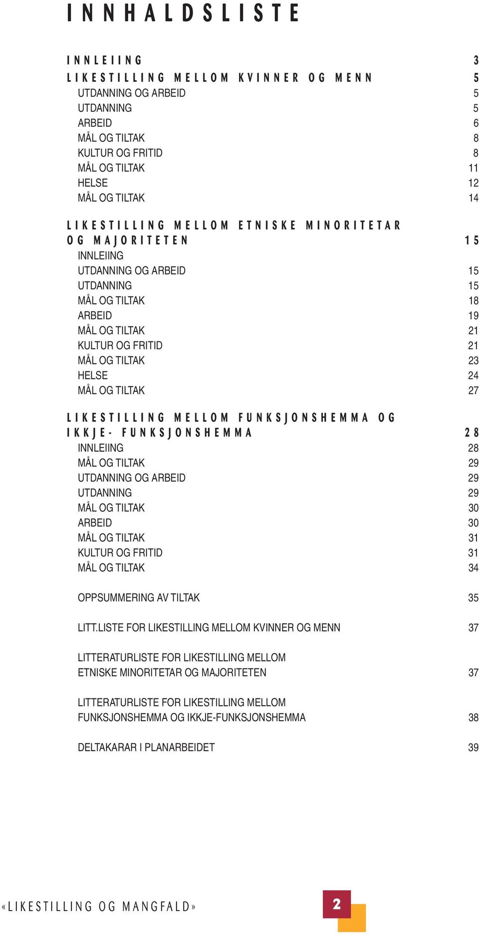 21 MÅL OG TILTAK 23 HELSE 24 MÅL OG TILTAK 27 L I K E S T I L L I N G M E L L O M F U N K S J O N S H E M M A O G I K K J E - F U N K S J O N S H E M M A 2 8 INNLEIING 28 MÅL OG TILTAK 29 UTDANNING