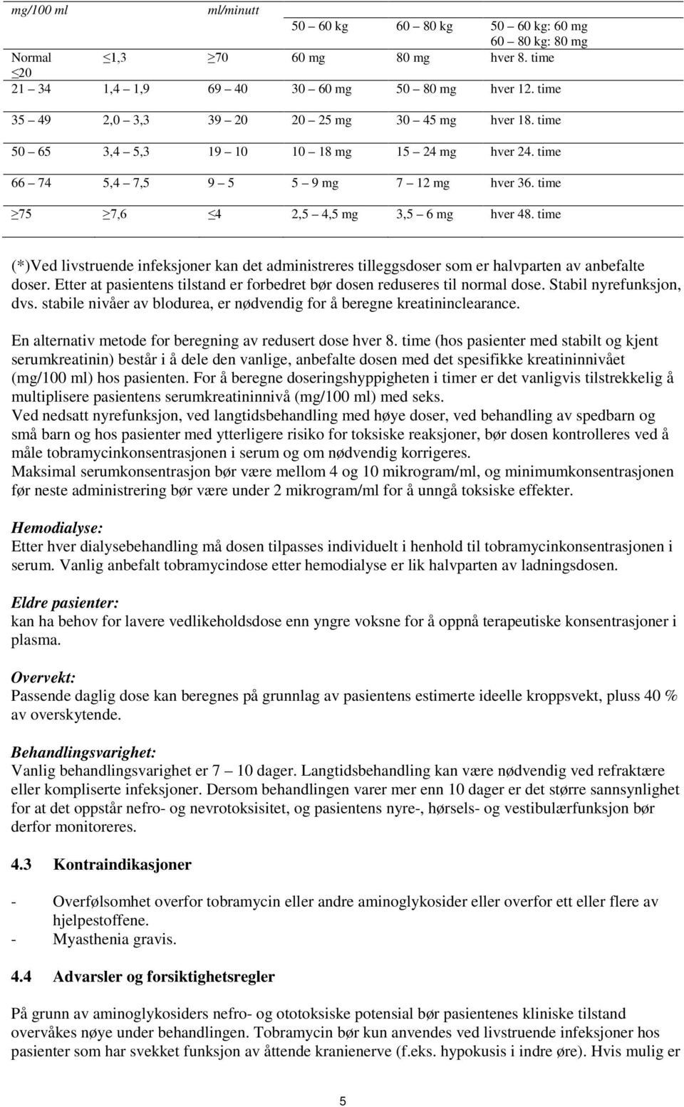 time (*)Ved livstruende infeksjoner kan det administreres tilleggsdoser som er halvparten av anbefalte doser. Etter at pasientens tilstand er forbedret bør dosen reduseres til normal dose.