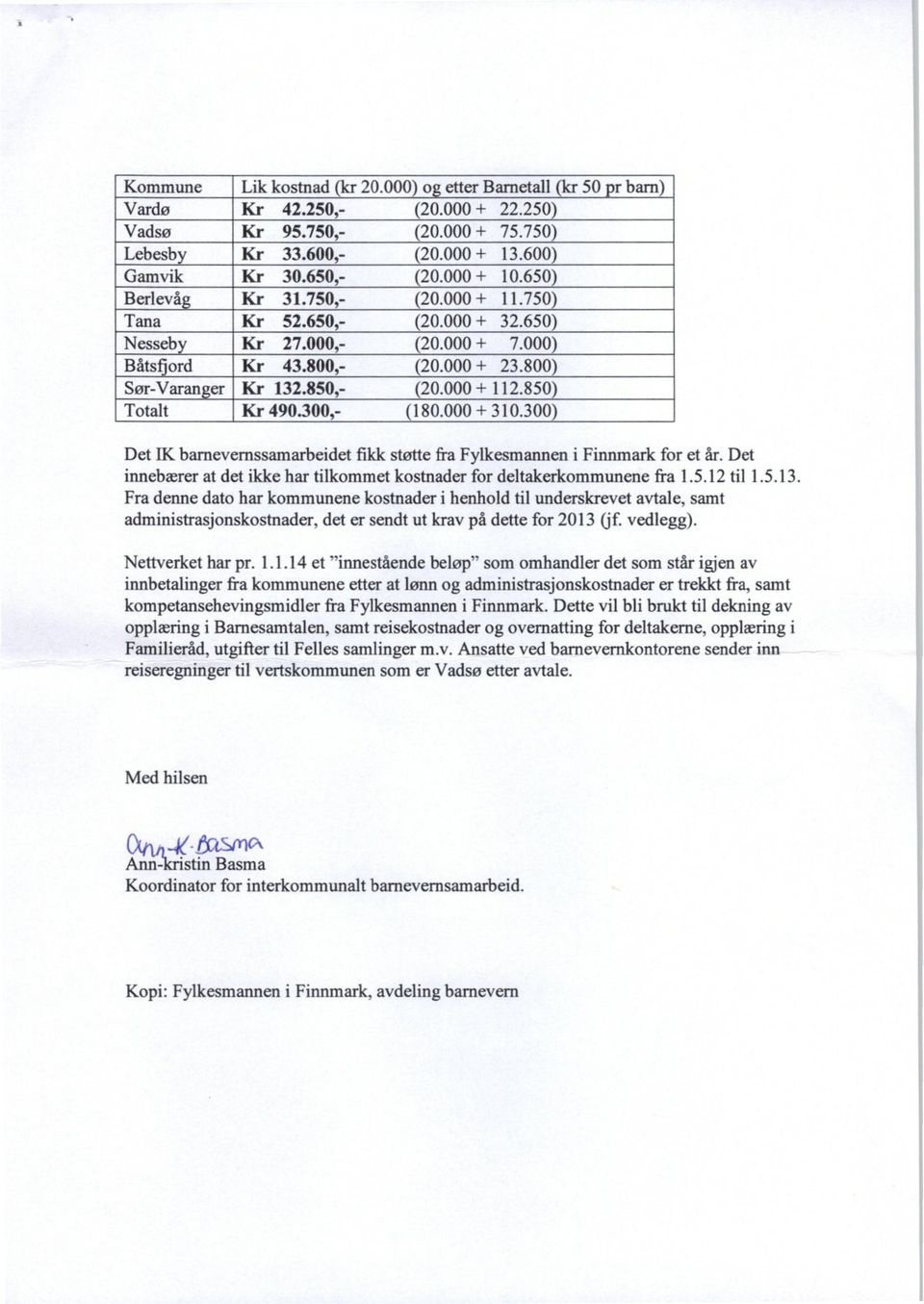 000 + 112.850) Totalt Kr 490.300,- (180.000 + 310.300) Det IK barnevernssamarbeidet fikk støtte fra Fylkesmannen i Finnmark for et år.