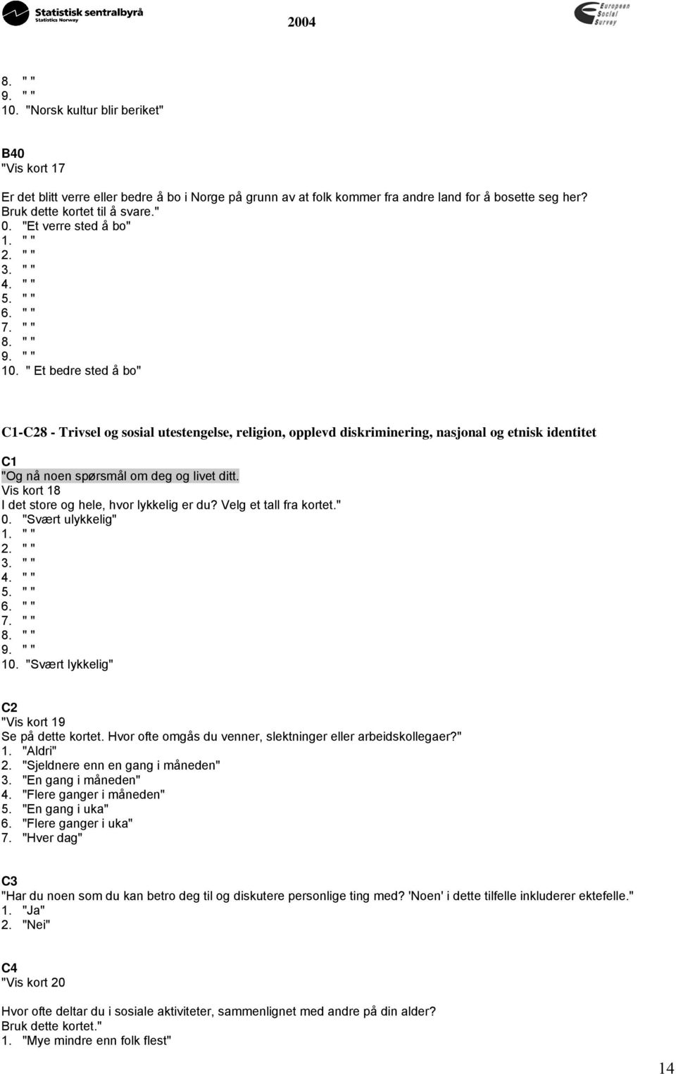 " Et bedre sted å bo" C1-C28 - Trivsel og sosial utestengelse, religion, opplevd diskriminering, nasjonal og etnisk identitet C1 "Og nå noen spørsmål om deg og livet ditt.